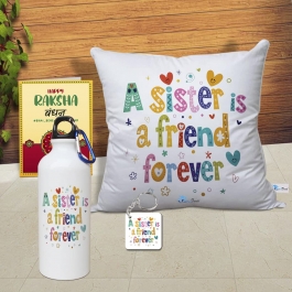 Rakhi Gift For Sister Printed Cushion Cover, Shipper Bottle, Greeting Card, Keychain
